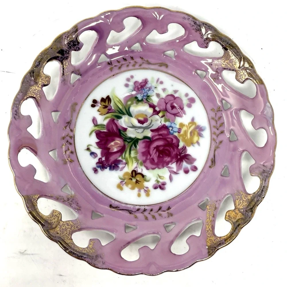Vintage Del Coronado Nasco Tea Cup Saucer Roses Reticulated Pierced Rim Gold